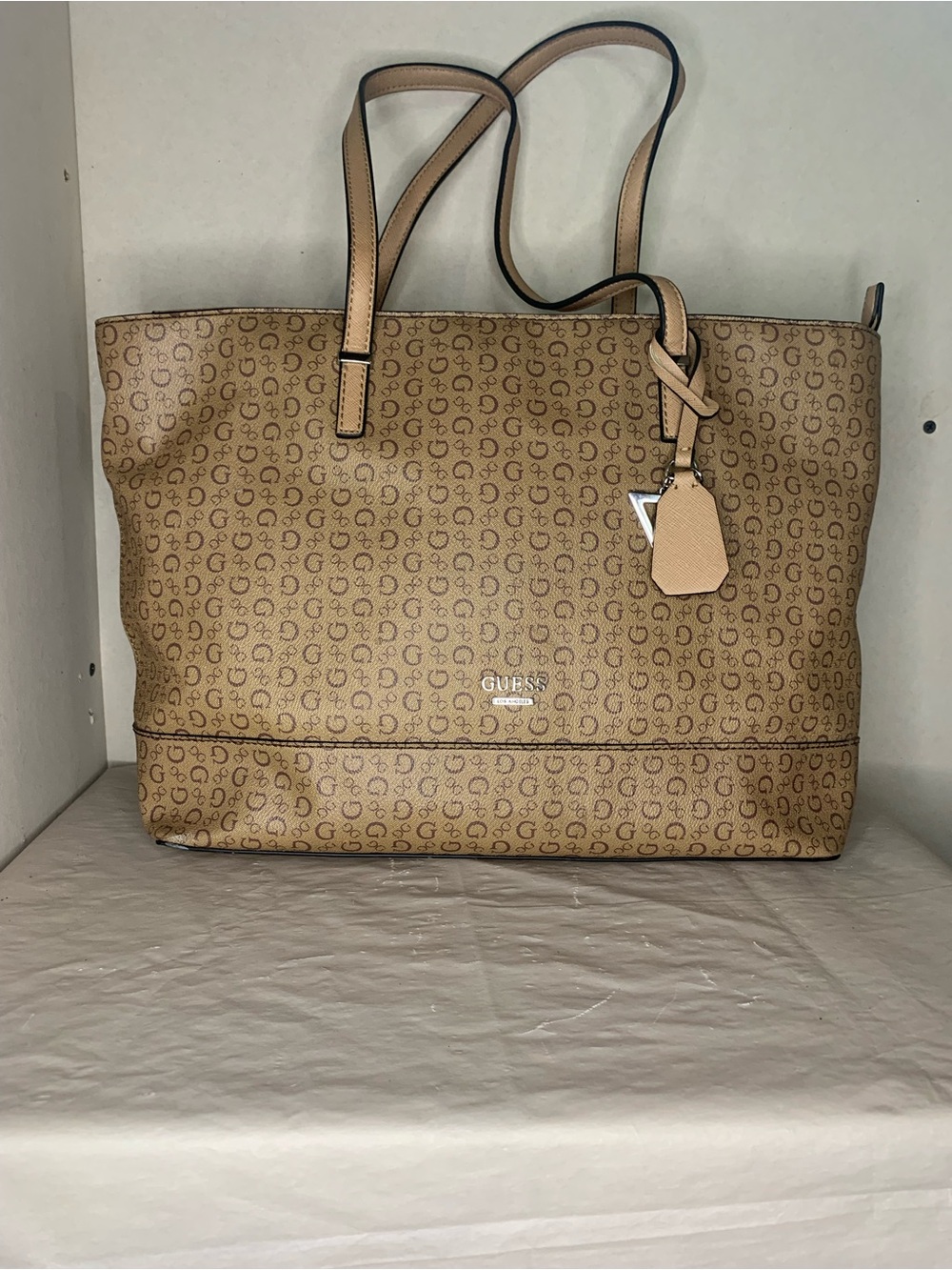 GUESS Beige Logo Monogram Tote with Double Straps